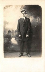 RPPC Edwardian Boy Straw Hat Suit Studio Photo c1910s Vintage Postcard