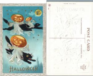 ANTIQUE EMBOSSED HALLOWEEN POSTCARD - BLACK CATS & JACK-O-LANTERN 