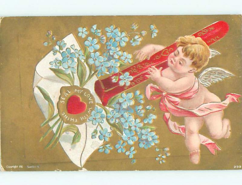 Pre-Linen valentine CUPID PUTS WAX SEAL ON FORGET-ME-NOT FLOWERS J1049