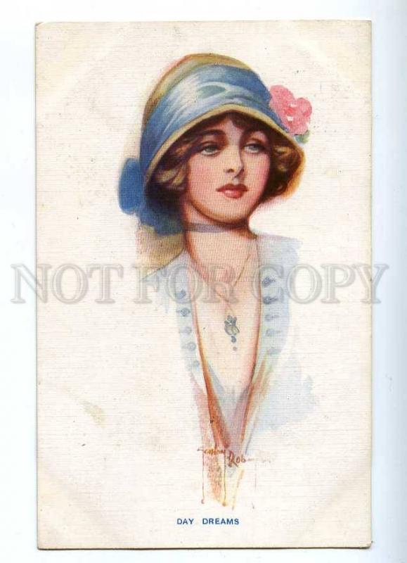 187181 DAY DREAMS Female Head in BLUE Vintage Carlton postcard