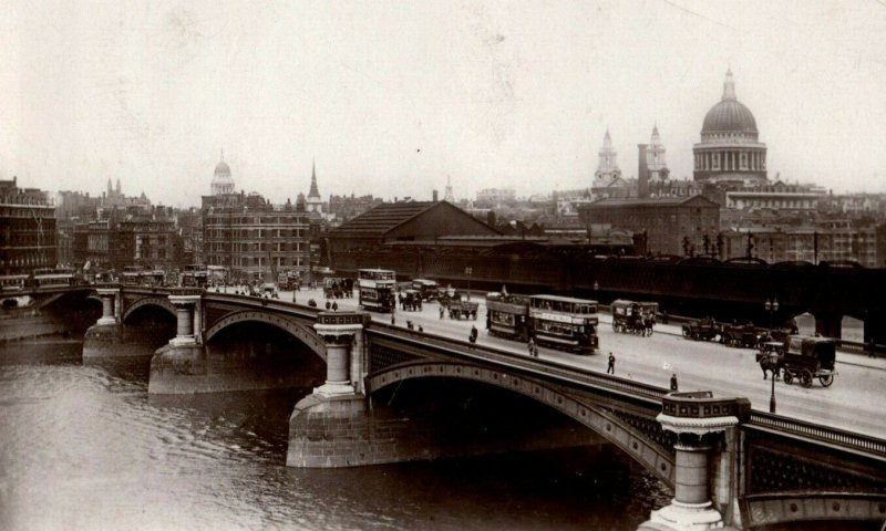 C. 1910-20 RPPC Bridge Trolleys Buggies Blackfriars, London Postcard P177 