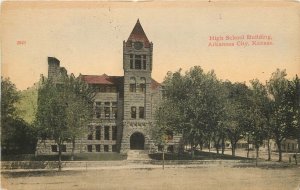 Postcard Kansas Arkansas City High School Building hand colored 23-5197