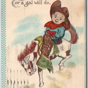 c1910s Cute Art Little Cowboy Bucking Horse Can't Tell What A Hoss Gal Do A210