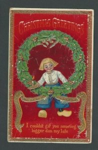 Ca 1913 PPC Christmas Greetings Celluloid Has Cracks W/Boy In Wreath Embossed