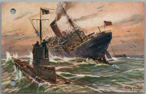 GERMAN NAVY BATTLE SHIP & SUBMARINE ANTIQUE POSTCARD
