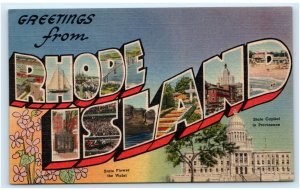 Large Letter Linen~ Greetings From RHODE ISLAND ~  c1940s Tichnor Postcard