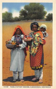 PUEBLO POTTERY VENDORS Albuquerque, NM Native American Indians ca 1940s Postcard