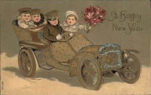 New Year Children Driving Classic Car c1910 Vintage Postcard