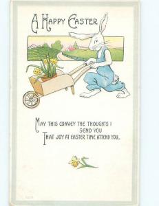 Pre-Linen Easter HUMANIZED BUNNY RABBIT USES WHEELBARROW AB3276