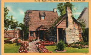 Vintage Postcard 1930's Garden View Oldest School House St. Augustine Florida