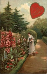 A/S MG Valentine Beautiful Woman Cutting Flowers c1910 Vintage Postcard