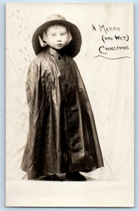 1908 Christmas Boy Raincoat Bremerton Washington WA RPPC Photo Antique Postcard