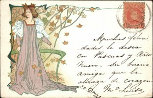 Art Nouveau Beautiful Woman Autumn Falling Leaves c1900 Postcard