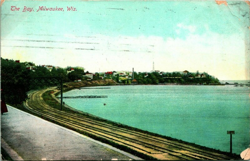 Vtg Carte Postale 1908 L' Bay Milwaukee, Wisconsin Vue De Littoral Chemin Pistes