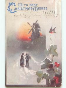 Pre-Linen christmas signed TUCK OILETTE - BIRD BESIDE WINDMILL k1071