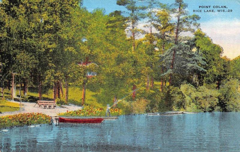 RICE LAKE, WI Wisconsin  POINT COLAN  Boat~Bench  BARRON CO 1949 Linen Postcard