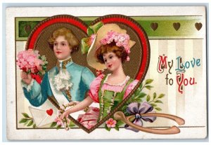 1914 Valentine Couple Big Heart Pansies Flowers Wishbone Aurora IL Postcard 