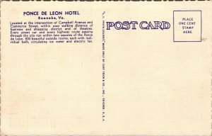 Linen Postcard Hotel Ponce de Leon in Roanoke, Virginia~132223