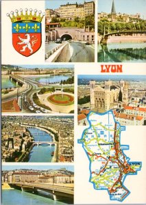 Postcard France Map -Lyon - map, shield, landmarks