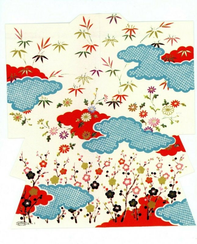 Japanese Greeting Card Kimono Shaped Cut Out Floral w/envelope Lyric VTG JG11 