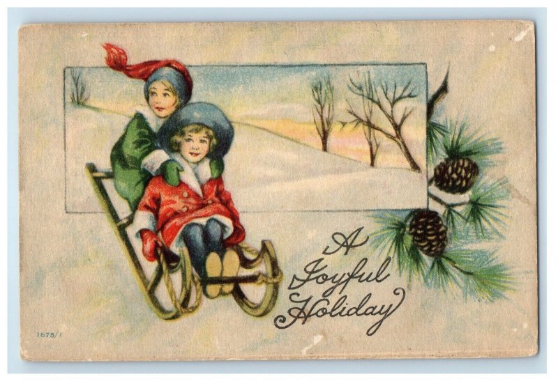 c1910's A Joyful Holiday Two Girls Sled Pine Cone Snowy Advertising Postcard