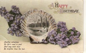 Horse and landscape in a shell Old vintage English Birthday Greetings PC