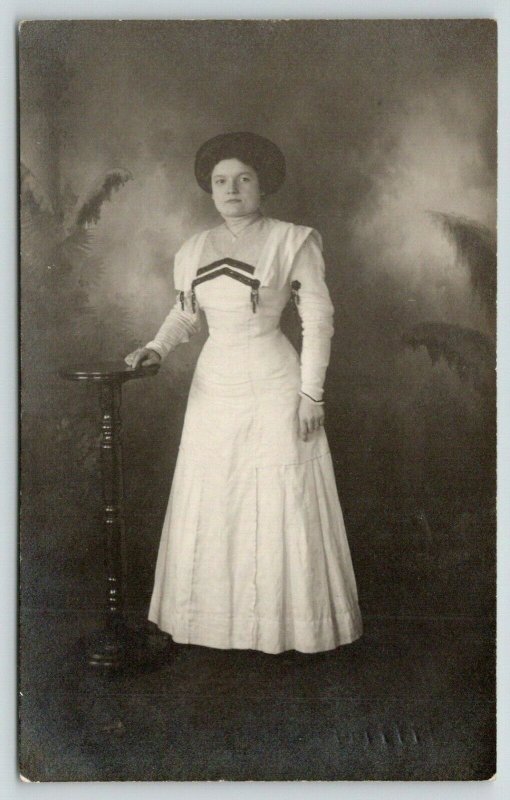 RPPC Forty-Something Woman in White Edwardian Dress~No Hat~Chevron Neckline~1914 