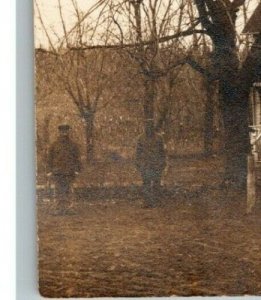 Vintage 1900's RPPC Postcard - Group People & Two Soldiers Large Country House 