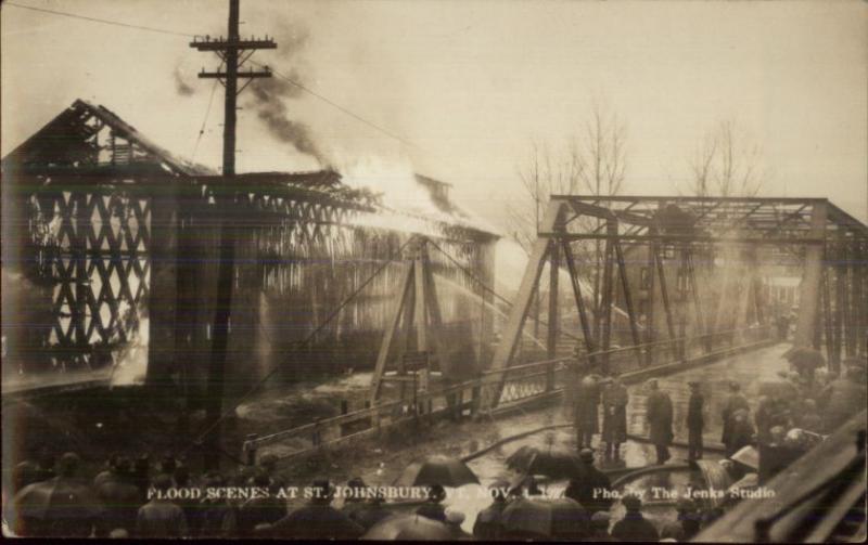 St. Johnsbury VT Flood Scene Burning Covered Bridge Disaster 1927 RPPC dcn