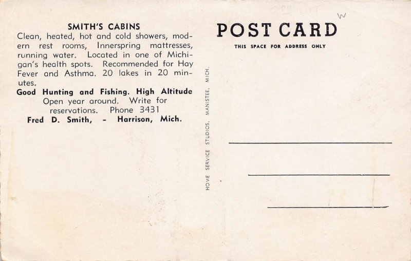 Smith's Cabins US 27 Harrison Michigan 1940s postcard