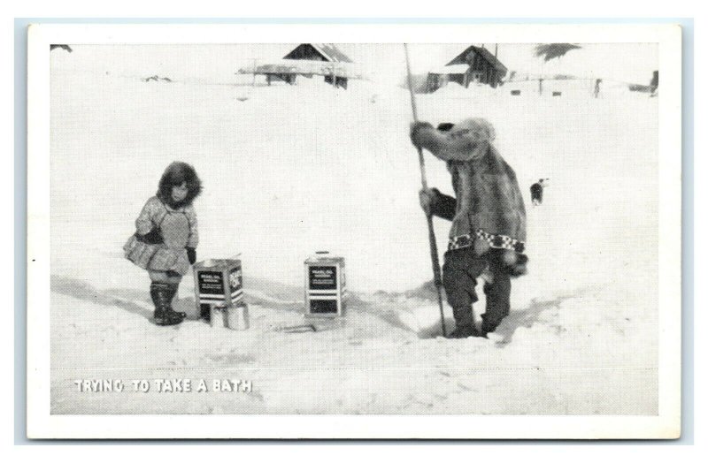 Postcard Trying to Take a Bath, Alaska AK (tiny dots) 1945 MA14