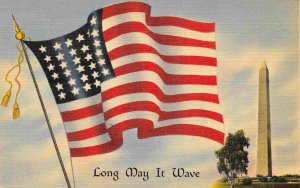 Stars & Stripes Flag Long May Wave Washington Monument Patriotic linen postcard