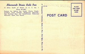 Vtg Linen Postcard Miami Florida FL Sherrard's Dixie Belle Inn Cars UNP