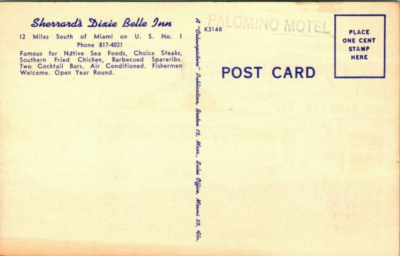 Vtg Linen Postcard Miami Florida FL Sherrard's Dixie Belle Inn Cars UNP