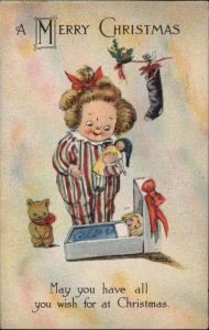 Christmas Little Girl Toy Doll Bed Dolls Teddy Bear c1910 Vintage Postcard