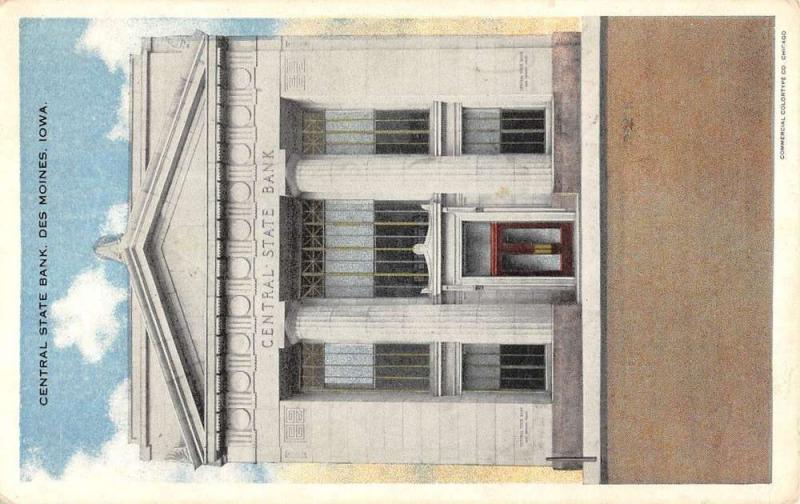 Des Moines Iowa Central State Bank Street View Antique Postcard K54705