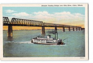 Cairo Illinois IL Postcard 1930-1950 Steamer Passing Bridge Over Ohio River