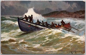 Group of Men Row Boat In Heavy Seas Real Painting Artwork Postcard