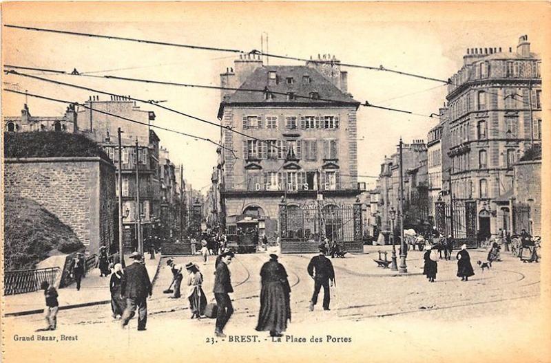 Brest France La Place des Portes Street View Trolley Store Fronts Postcard