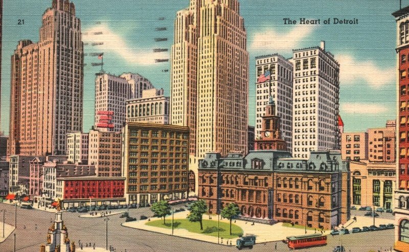 Vintage Postcard 1939 Building Skyscrapers In The Heart Of Detroit Michigan MI