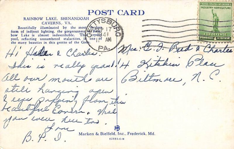 Rainbow Lake Shenandoah Caverns, Virginia, USA 1941 
