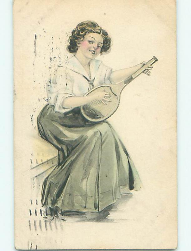 Divided-Back art nouveau music WOMAN PLAYS MANDOLIN GUITAR r2613