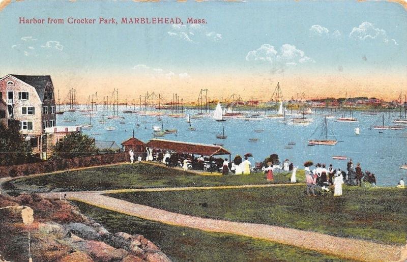 Marblehead Massachusetts~Harbor From Crocker Park~Crowd~Shelter House~1914 PC 