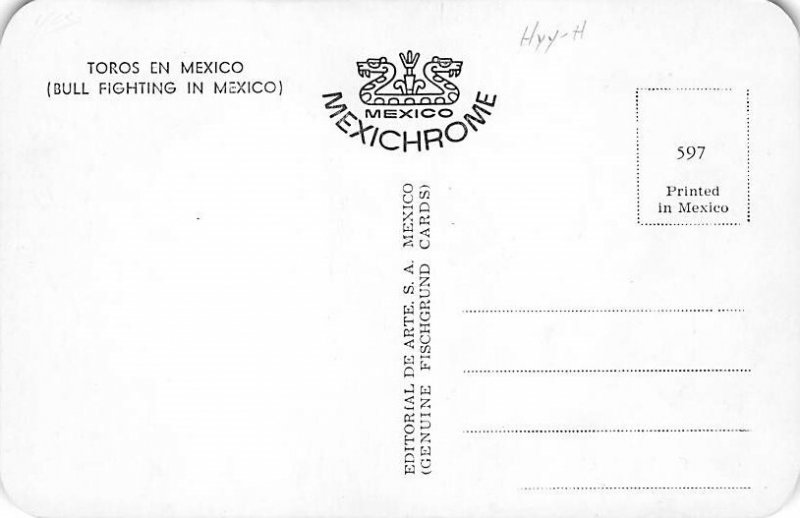 Toros En Mexico, Bull Fighting in Mexico Tarjeta Postal, Bullfighting Unused 