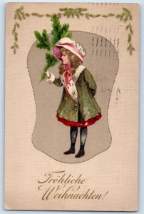 1913 Christmas Girl With Pine Leaf Winsch Back Weehawken New Jersey NJ Postcard