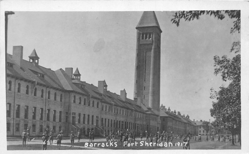 G3/ Fort Sheridan Illinois RPPC Postcard c1920s Barracks Soldiers