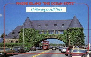 Postcard Double Decker Bus passing under Arch at Narragansett Pier, RI.   R7