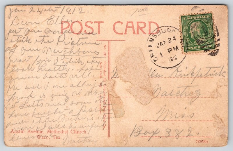 Waco Texas~Austin Ave Methodist Church~Steeple~Power Lines~Gothic~1912 Postcard