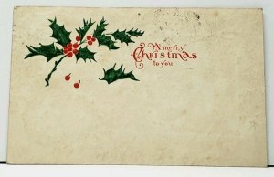 Christmas Simple Holly Greeting Udb 1908 Mt Clemens to Ann Arbor Postcard H18