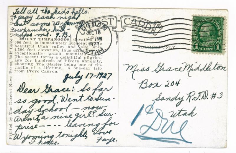 Ogden to Sandy, Utah 1927 used Postcard, Mount Timpanogos
